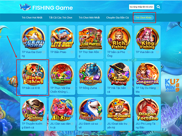Giao diện truy cập game bắn cá TP bắn cá lô tô tại KUWIN